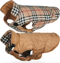 VIVAGLORY Softjoy Dog Coat, Dog Jacket for Winter & Christmas, Coat with Harness Hole & Velcro Closure, Reversible Plaid Checkered Warm Fluffy Heavy Duty for Puppy, M, Khaki