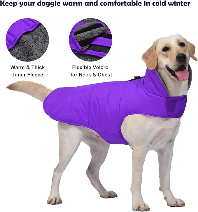 Dog Winter Coat, Waterproof Dog Jacket with Leash Hole, Reflective Adjustable Pet Snow Vest, Warm Fleece Sweater for Small Medium Large Dogs - Purple, 2XL