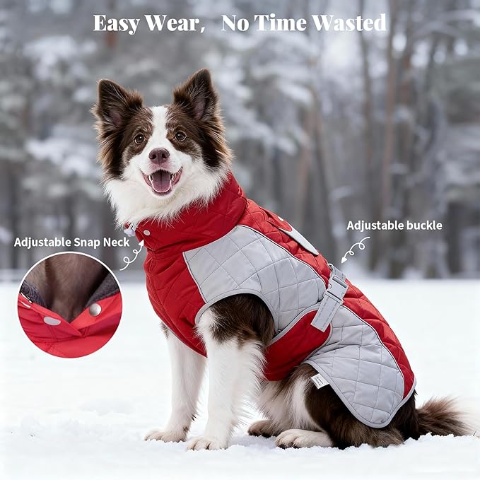 Dog Coat Dogs Winter Coat- Fleece Lined,Water-Resistant,Convertible Collar,Back Reflective Strip&Easy to Wear for Outdoor Walking Dog-Jacket(Red, Small)