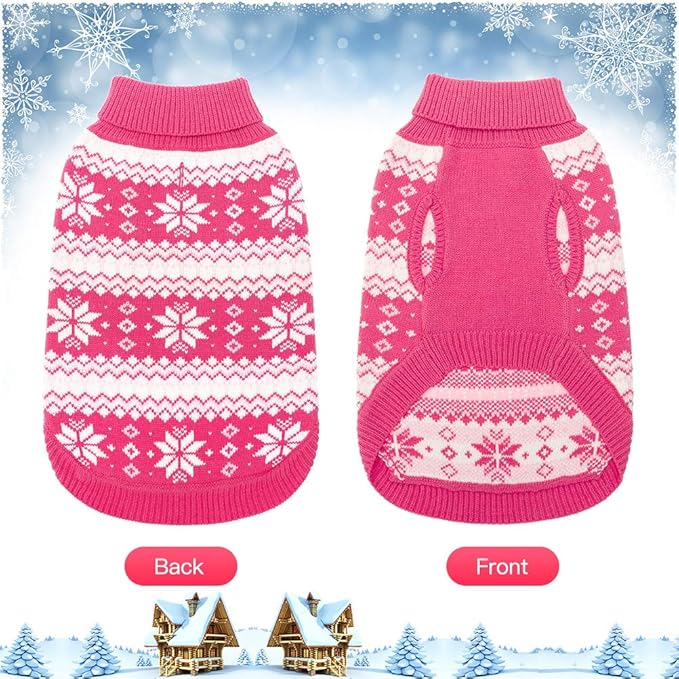 KOOLTAIL Cable Knit Dog Sweater Turtleneck, Cold Weather Pullover Classic Knitwear, Snowflake Pattern Thick Warm Winter Pet Clothes, Dog Christmas Sweater for Small Medium Large Dogs Girl, Pink SM