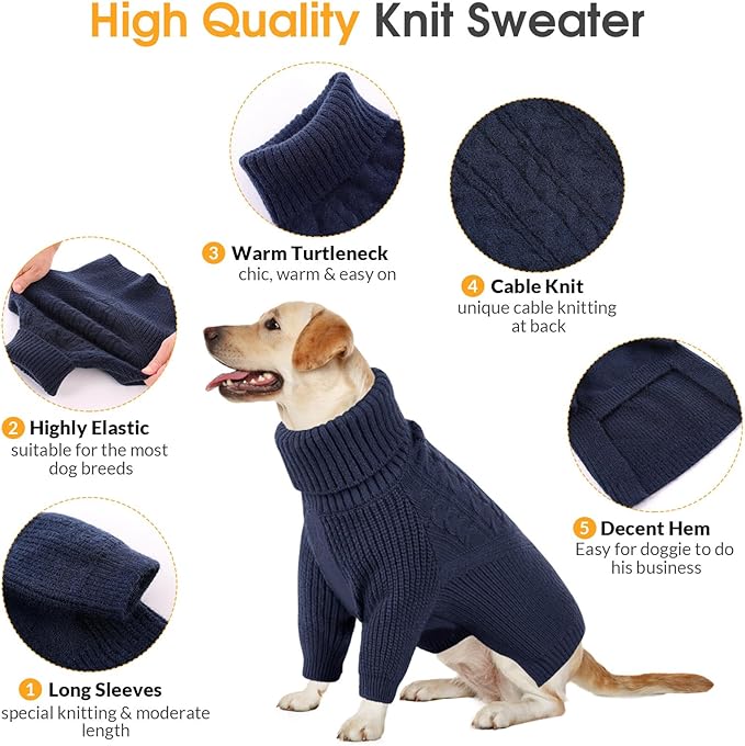 Queenmore XS Dog Sweater, Dog Sweaters for Small Dogs Girl or Boy, Dog Christmas Sweater XSmall, Winter Puppy Doggie Sweatshirt Knitwear, Pet Chunky Warm Coat for Medium Large Size Dogs, NavyBlue XS