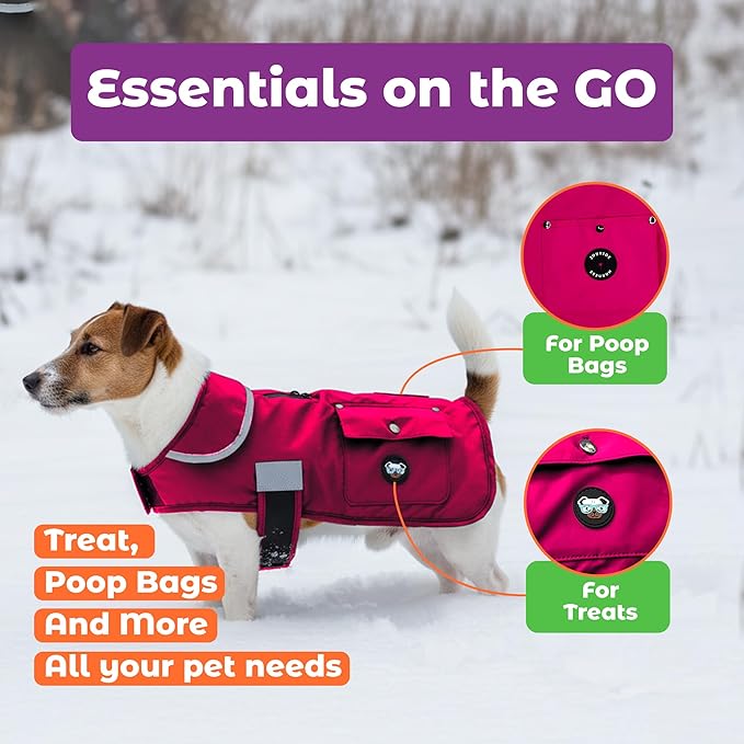 Joyride Harness FrostFlex Dog Winter Jacket - Fleece Lined & Water-Resistant - Snowsuit with Pockets for Treats & Poop Bags - Durable Cold Weather Dog Coat - Pink Berry-L