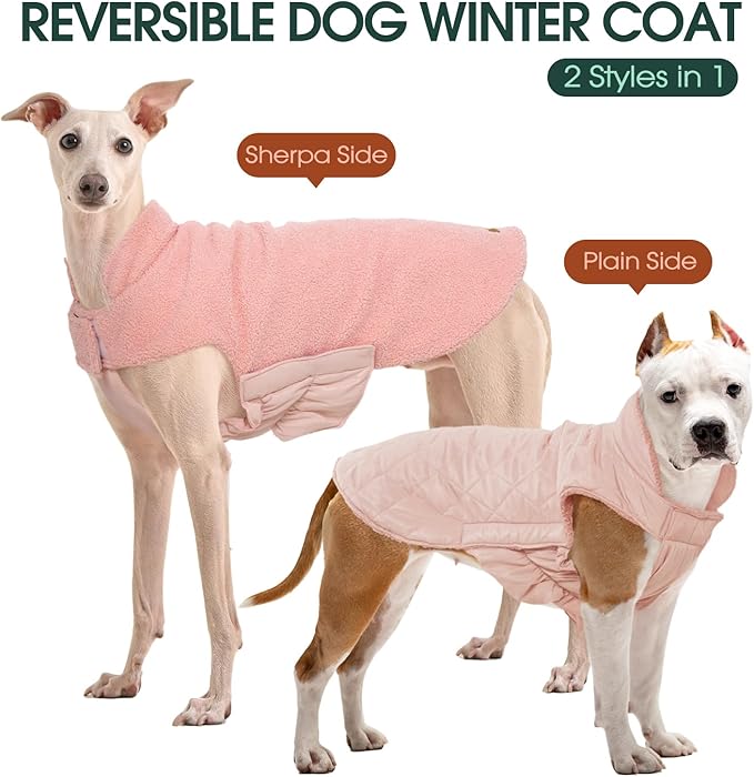 Kuoser Reversible Dog Coat – Warm Fleece & Quilted Waterproof Dog Jacket, Double-Sided Cold Weather Dogs Winter Coat with Harness Hole, Windproof Pet Snow Vest for Small Medium Large Dogs, Pink XL