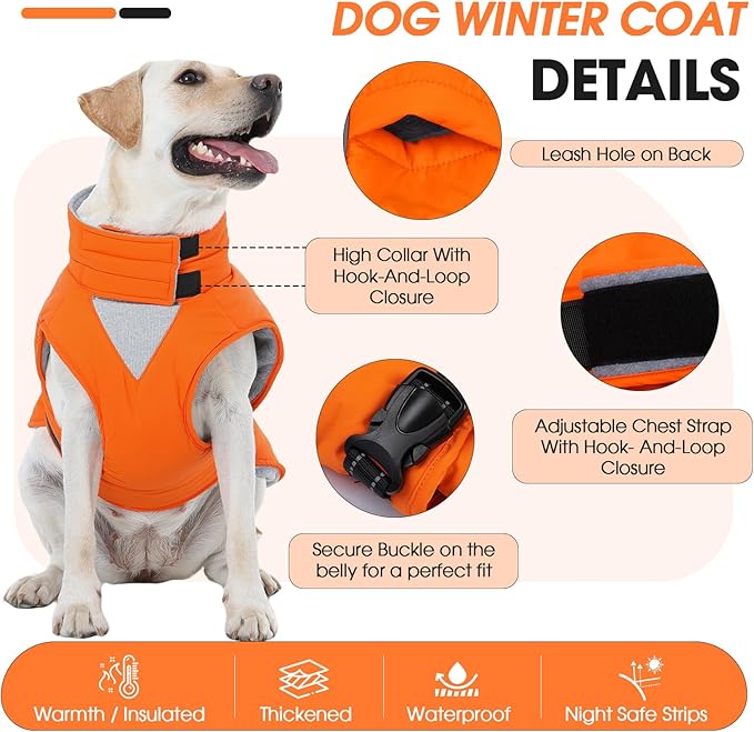 Large Dog Coat, Warm Dog Winter Jacket, Waterproof Dogs Snowsuit With Foldable High Collar, Reflective Strips, Leash Hole, And Adjustable Hook & Loop Closure - Ideal For Cold Weather - Orange L