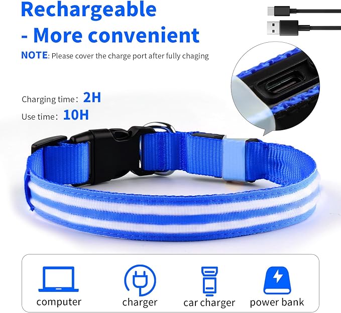 PcEoTllar Lighted Dog Collars for Night, Light Up Dog Collar Rechargeable Water-Resistant Flashing LED Dog Collars Safety Glow in The Dark Dog Collars Light for Large Small Medium Dogs