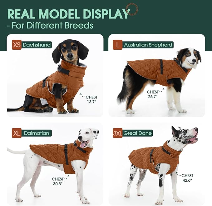 Kuoser Dog Coat Warm Fleece Lining Turtleneck Dog Jacket with Harness Built-in, Adjustable Windproof Cold Weather Coats with Quick Release Buckle Pet Winter Snowsuit for Small Dogs, Khaki S