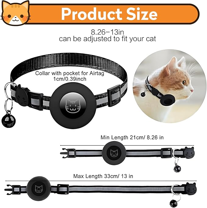 2 Pack Airtag Cat Collar with Bell, Reflective Nylon Kitten Collar with Apple Air Tag Holder and Breakaway Safety Buckle for Puppy Girl Boy Cats, 3/8" in Width and Lightweight, Black