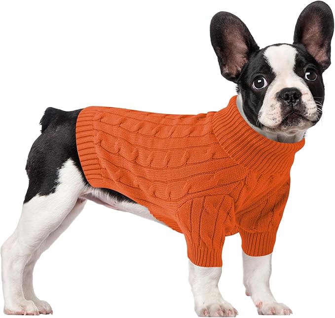 Small Dog Thermal Pullover Sweater, Classic Turtleneck Cable Knitwear Dog Clothes for Cold Weather Warm Pet Clothes for Chihuahua, Bulldog, Dachshund, Pug Orange Small