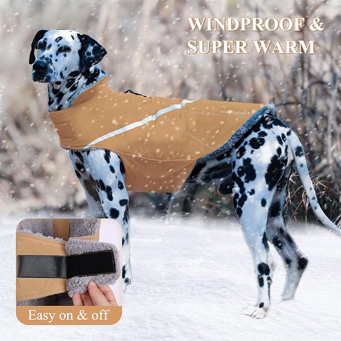 VIVAGLORY Snowrap Dog Coat, Jacket with Harness Hole & Velcro Closure, Dog Coat for Winter & Cold Weather, Fluffy Warm Fleece Lined Reflective Water Resistant for Puppy, M, Khaki