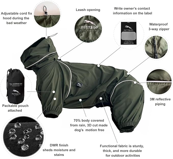 Dog Lightweight Windbreaker, Dog Outdoor 4-Legs Jacket, 0.5 lbs,Durable Water Repellent, Hooded, Easy on/Off with Collar and Harness, Reflective, Packable,Dark Olive (XXX-Large)