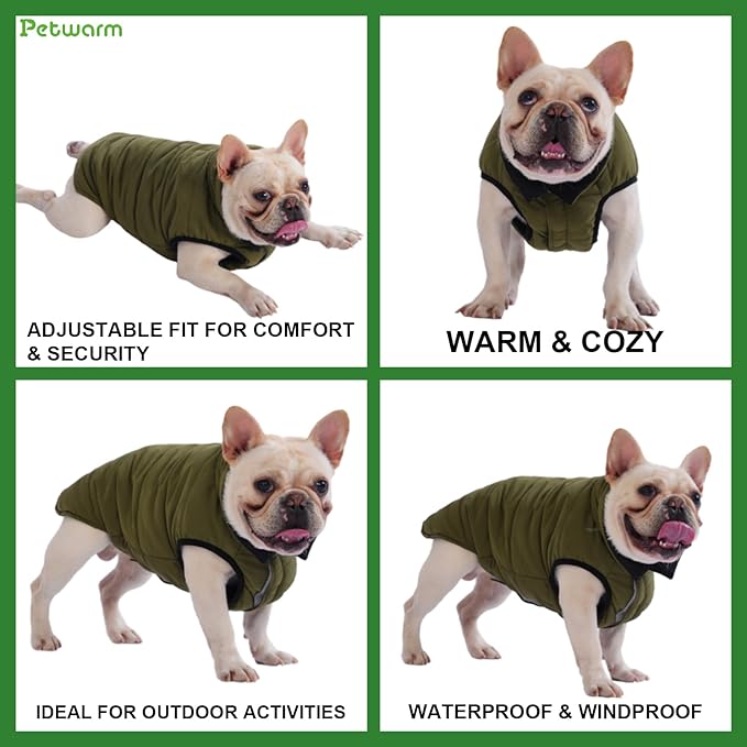 PetWarm Reversible Dog Winter Coat, Windproof Dog Puffer Vest, Soft Vest for Dogs with Hook-and-Loop Strap for Easy Dressing, Waterproof Coat for Dogs with Adjustable Fit, Green, S