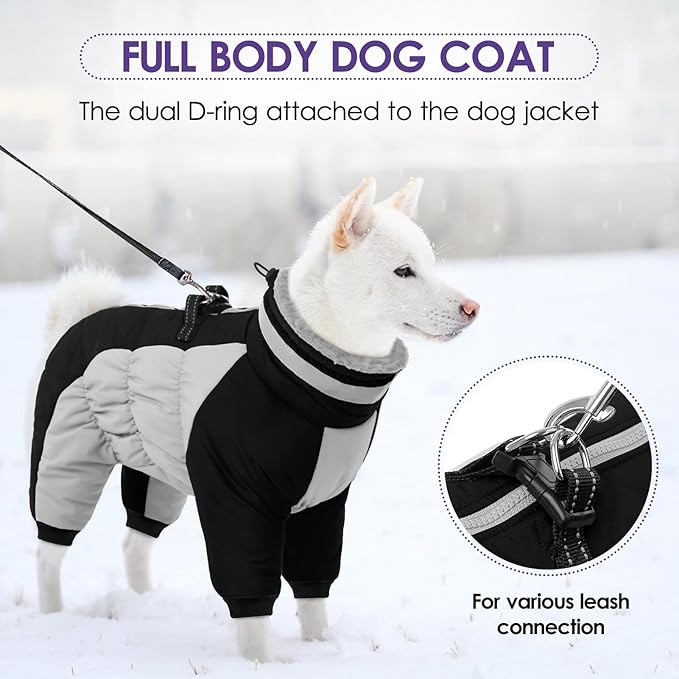 SUNFURA Full Body Dog Coat - Warm Fleece Jacket for Small Dogs, Turtleneck Winter Coats with Harness, Reflective Dog Snowsuit Windproof Puffer Jackets with Legs for Chihuahua, Yorkie, Black XS