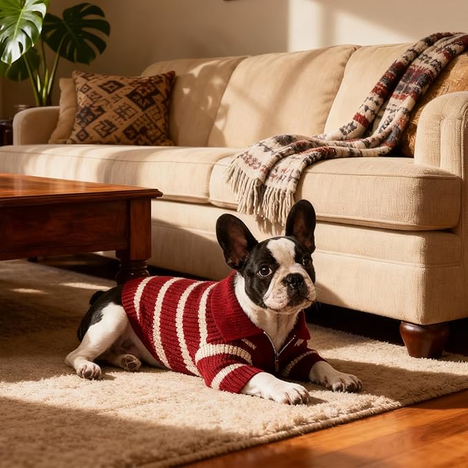 Small Dog Sweater with Zipper, Knitted Striped Pullover Dog Clothes for Cold Weather, Thick Warm Cozy Stretchy Sweater for Chihuahua, Bulldog, Dachshund, Pug(Red & White Strip, XL)