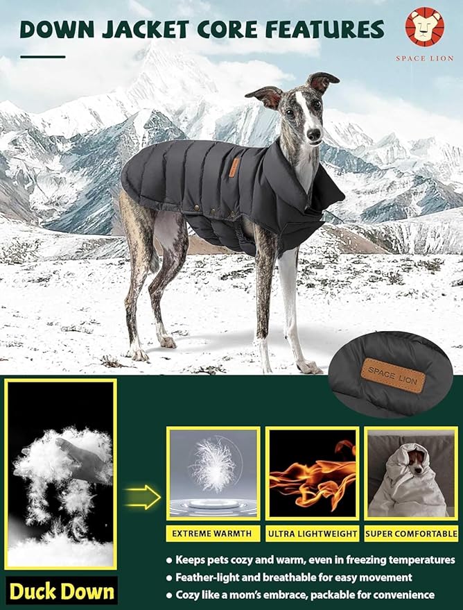 SPACE LION Dog Puffer Jacket, Down Winter Coat, Durable Outdoor Coat for Cold and Windy Conditions, Waterproof, Lightweight Jacket, Adjustable Fit for Small, Medium, Large Dogs(Black,22/XL+)
