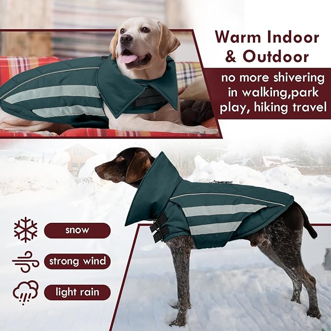Large Dog Jacket Waterproof Warm Dog Winter Coats with Harness Hole Turtleneck Reflective Snowsuit Adjustable Fleece Coat for Dogs French Bulldog, Green L