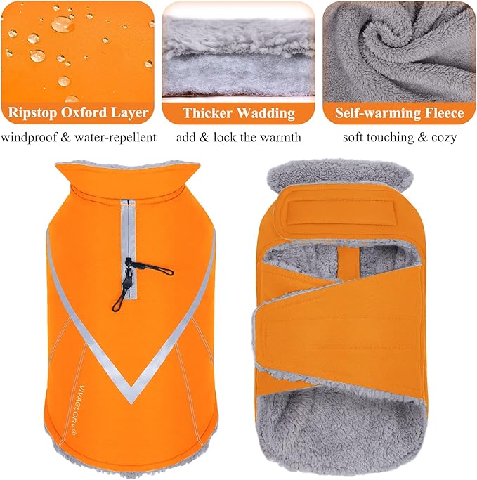 VIVAGLORY Snowrap Dog Coat, Jacket with Harness Hole & Velcro Closure, Dog Coat for Winter & Cold Weather, Fluffy Warm Fleece Lined Reflective Water Resistant for Puppy, L, Orange