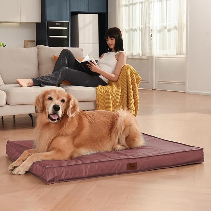 Outdoor Large Washable Dog Bed, Orthopedic Egg Crate Foam Dog Crate Mat for Large Dogs with Removable Oxford Cooling Cover, Pink