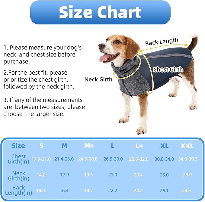 SlowTon Winter Dog Coat, Warm Polar Fleece Lining Doggie Outdoor Jacket with Turtleneck Scarf Reflective Stripe Adjustable Waterproof Windproof Puppy Vest Soft Pet Outfits (L+,Dark Blue)