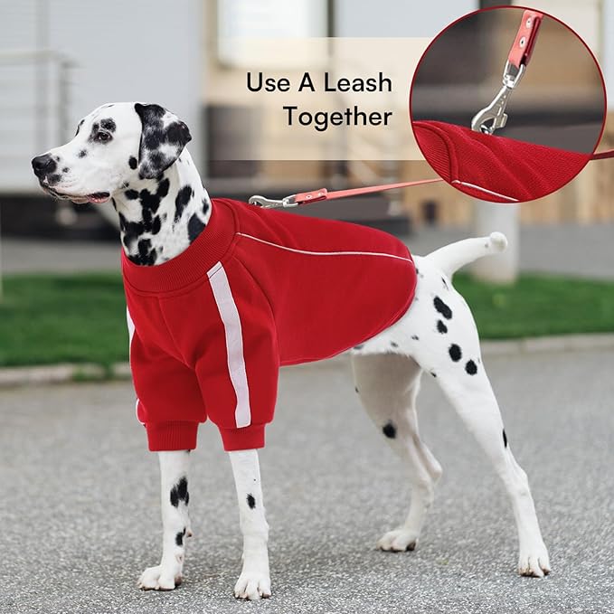 Queenmore Large Christmas Dog Sweater, Cozy Fleece Dog Sweatshirt, Warm Winter Fleece Jacket for Small, Medium & Large Dogs with Leash Hole/Reflective Stripes Red