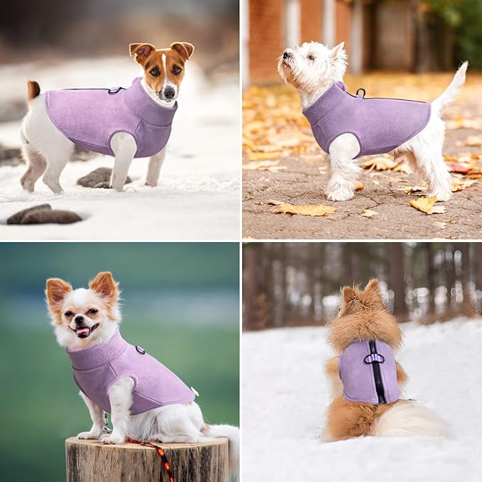 Idepet Dog Fleece Vest Sweater Zip Up Warm Pullover Dogs Jacket with D-Ring Leash Winter Cold Weater Coat Pet Sweatershirt Clothes Hoodie for Small Medium Dogs Boy Girl (Purple, XXS)