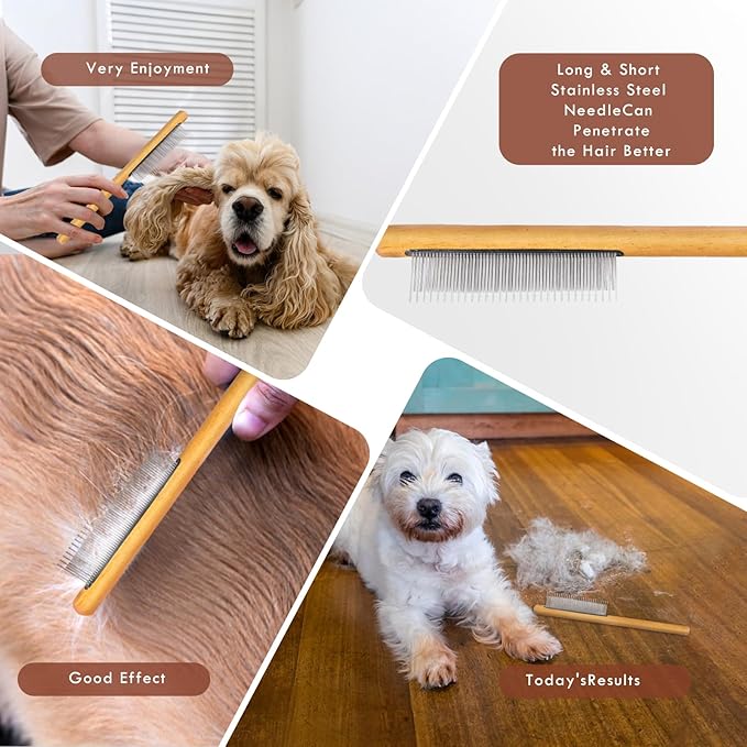 Large Dog Brush for Medium or Long Haired Dogs, Long Pin Slicker Brush for Removes Loose Hair, Tangles and Knots, Best Grooming Brush for Small Animals, Free Pet Comb, Wood