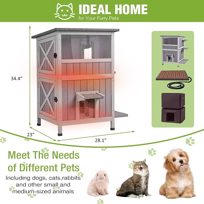GUTINNEEN 2-Story Heated Cat House Large Outdoor Insulated Cat House Weatherproof Feral Cat Shelter with Heated Pad, Insulated All-Round Thermal Liner for 1-4 Cats (Winter-Ready)