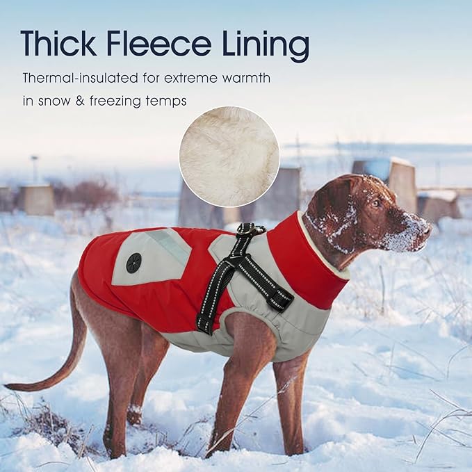 IECOii Dog Jacket Winter Harness Built in -Red,XXXLarge- Zip Up Dog Coat Winter Clothes for Large Dogs Waterproof, Dogs Snowsuit Snow Jacket D-Rring Labrador German Shepherd Doberman Rottweiler