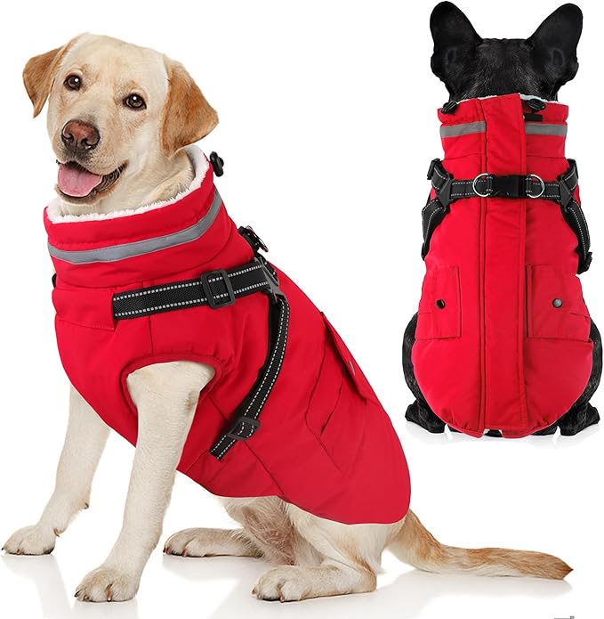 Dogcheer Dog Coat with Harness, Waterproof Warm Dog Winter Jacket with Pockets, Reflective Pet Fleece Jacket Turtleneck Snowsuit for Small Medium Large Dogs - Red, 2XL