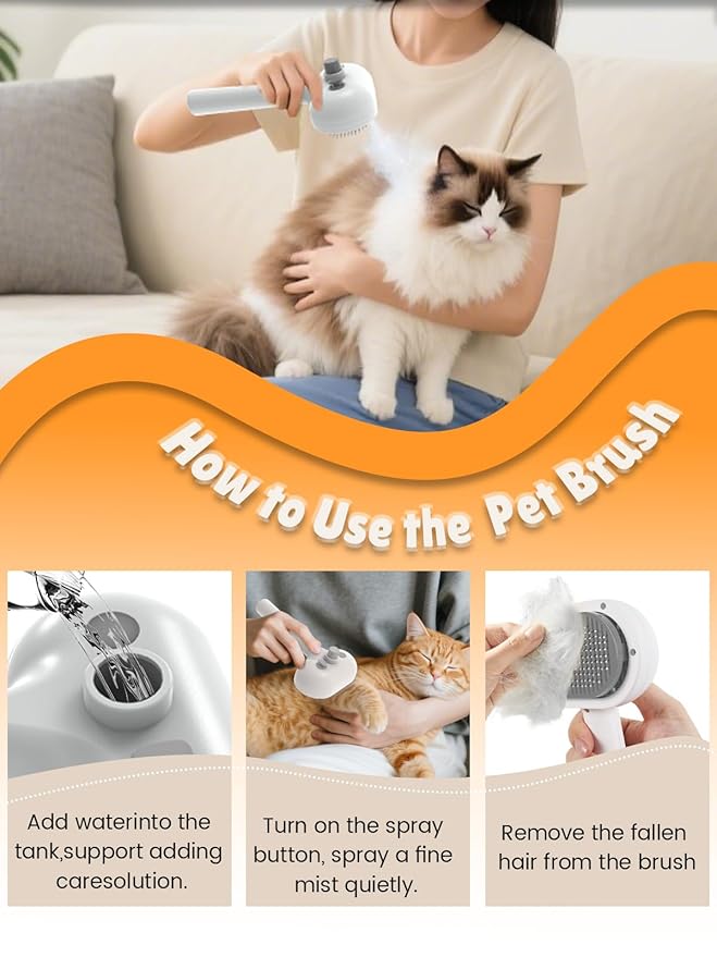 Anti-static Cat Steam Brush,3-in-1 Dog Brush & Gentle Grooming Fur Removal Tool for All Pets,Furmist Comb,Dog Brush,Cat Brushes,Pet Steam Brush,Self-Cleaning with Release Button for Long Short Hair