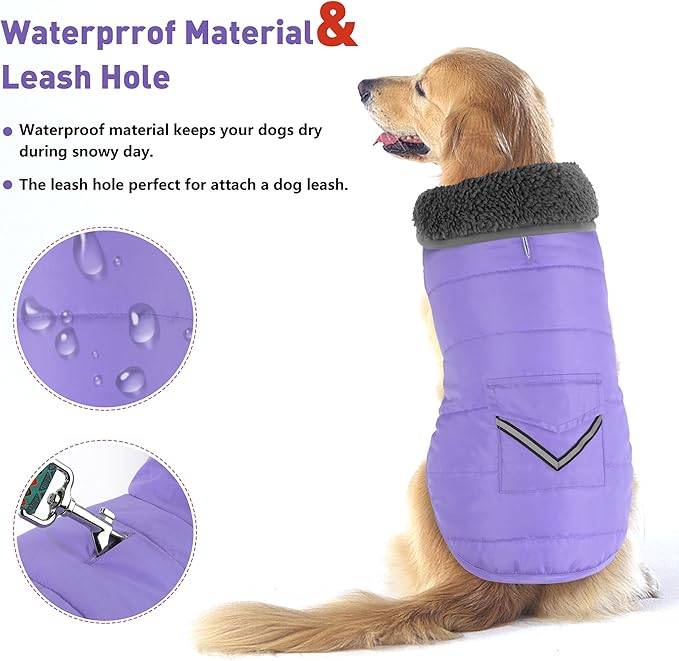Dog Coat, Waterproof Dog Winter Jacket with Pocket, Reflective Adjustable Pet Snow Vest, Warm Cozy Fleece Sweater for Small Medium Extra Large Dogs - Light Purple, XL