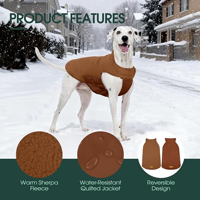 Kuoser Reversible Dog Coat – Warm Fleece & Quilted Waterproof Dog Jacket, Double-Sided Cold Weather Dogs Winter Coat with Harness Hole, Windproof Pet Snow Vest for Small Medium Large Dogs, Brown XL