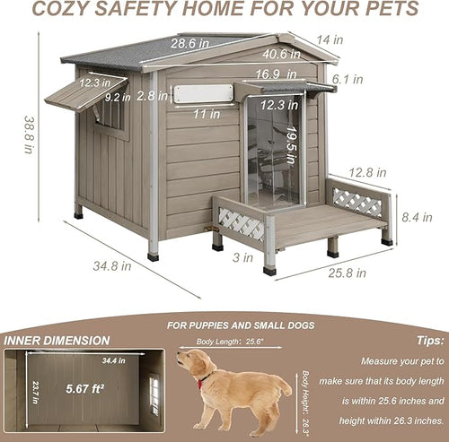 41" L Outdoor Large Dog House with Porch, Removable Floor, Raised Feet, Anti-Chewing Iron Frame - Wooden Kennel with Asphalt Roof, Window for Indoor/Outdoor Use, Ideal for Medium to Large Dogs