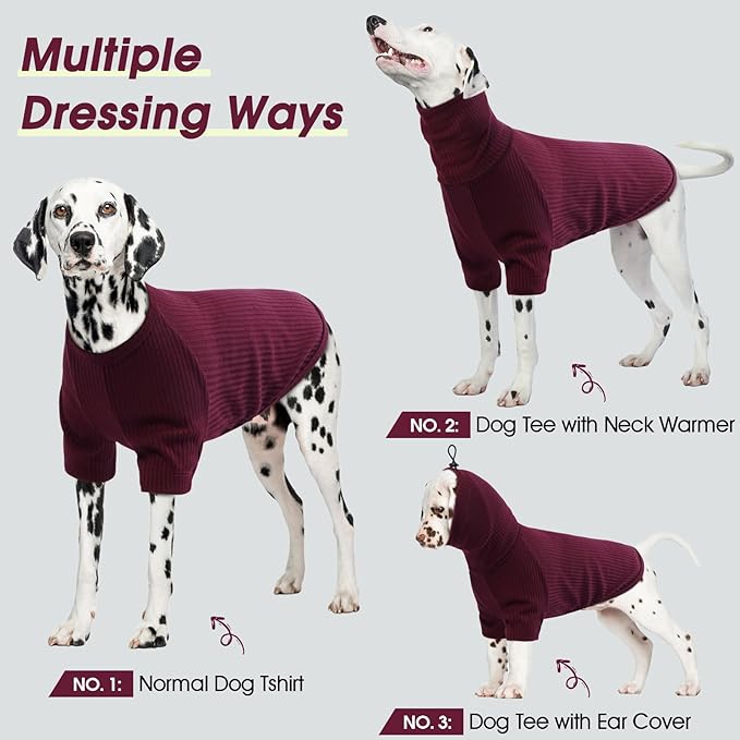 ROZKITCH Dog Shirt with Hoodie Dog Ears Cover 2 in 1, Soft Lightweight Dog Striped T Shirt Pullover Dog Tank with Detachable Ear Wrap, Dog Hoodie Tshirt Dog Boy Girl, Stretchy Sweater WineRed L