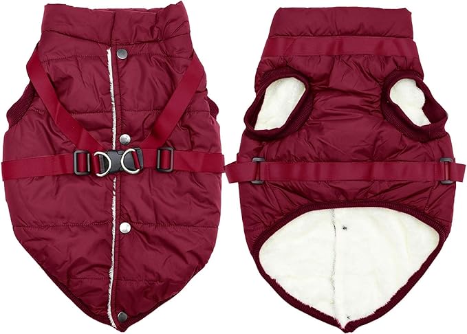 Dog Jacket with Harness,Fleece Lined Warm Puppy Coat for Winter,Soft Windproof Large Dog Vest,Red XXL