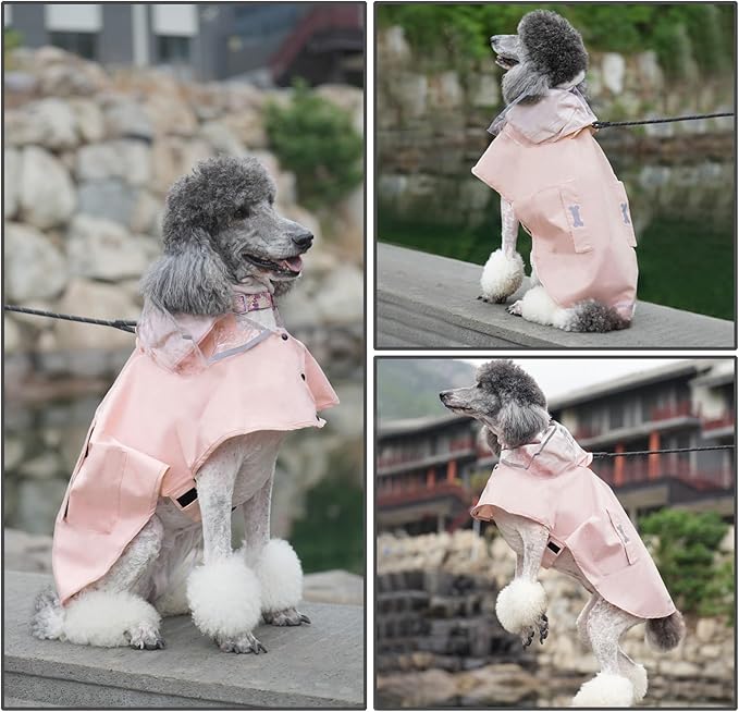 Dog Raincoat Waterproof, Adjustable Reflective Hooded Dog Rain Poncho with Leash Hole for Small Medium Large Dogs (Pink, Medium)