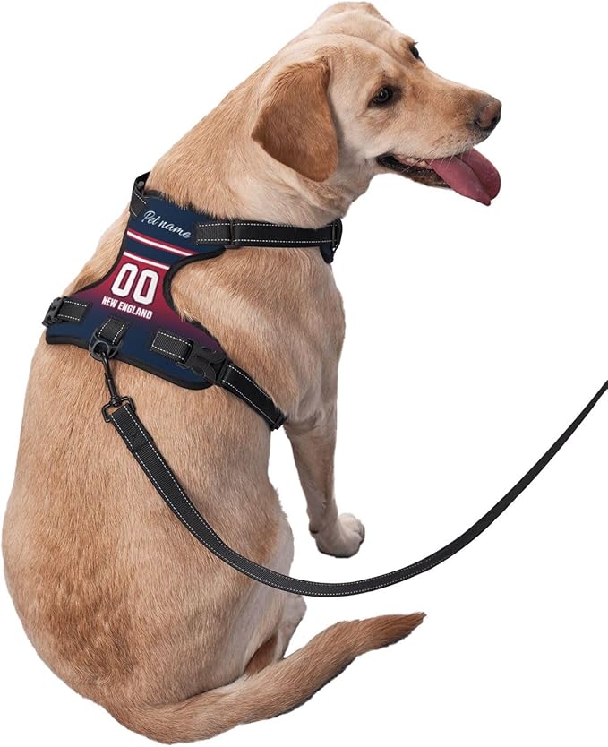 Custom New England Dog Harness with Reflective Stripes Personalized Name and Number Dog Vest Harness with Pet Traction Rope for Small Medium Large Dog