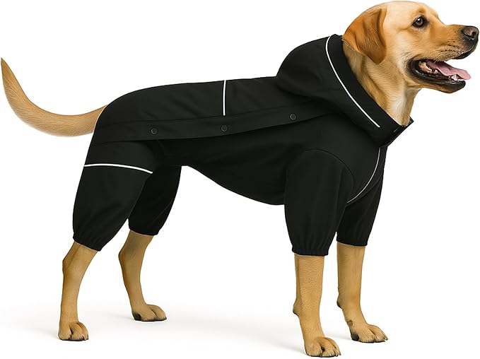 LOVELONGLONG Fleece-Lined Dog Raincoat with Removable Hood – Waterproof Winter Full Body Dog Jacket – Windproof Snowproof Cold-Weather Suit – Black-F 3XL