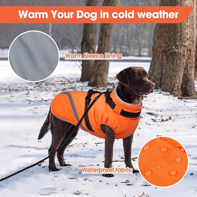 BRKURLEG Dog Winter Jackets for Medium Dogs, Dog Coat with Harness Built in, Dogs Snowsuits with Zipper, Waterproof Windproof Pet Puffer Jacket Fleece Vest for Pug, French Bulldog, Orange M