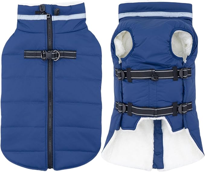 Large Dog Coat with Harness Built-in, Waterproof Reflective Fleece Lined - Warm Windproof Winter Jacket with Back Zipper, Cold Weather Snow Dog Coats - Blue - 2XL