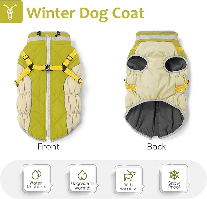 Dog Winter Coat with Harness, Dog Jacket, Pet Clothes with Zipper on Back, Waterproof Windproof Warm Vest, Reflective Cold Weather Coats, for Small Medium Large Dogs, Thick, Green, L