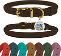 BronzeDog Rolled Leather Dog Collar with QR ID Tag, Adjustable Soft Round Collars for Small Medium Large Dogs Puppy (14" - 16" Neck Size, Brown)
