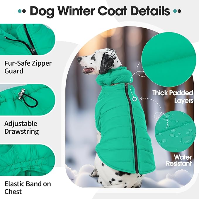 Large Dog Winter Coat with Back Zipper & Detachable Scarf, Waterproof Warm Female Dog Snow Jacket, Dogs Puffer Vest for Golden Retriever, German Shepherd, Green 2XL