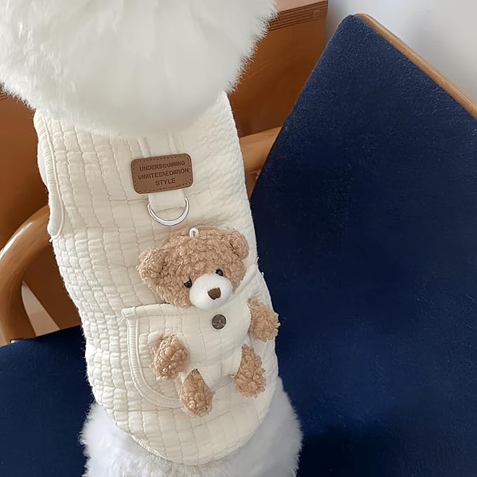 Cute Pet Apparel Plush Bear Pattern Cartoon Dog Clothes All Season Sleeveless Puppy Kitten Pullover Soft Skin-Friendly (White1, M (4.4-7.7lbs))