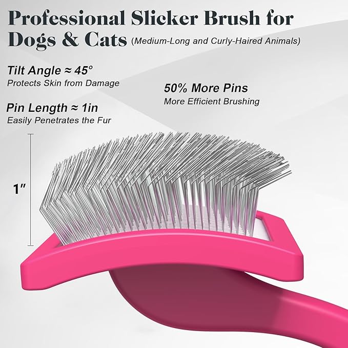 2PCS Slicker Brush for Dogs & Pet Comb,Professional Dog Grooming Brush (Goldendoodles,Poodles,Labradoodles) with Extra Long Pins to Effectively Remove Tangles, Knots and Mats (Pink Large)