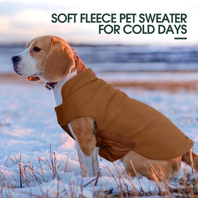 Kuoser Reversible Dog Coat – Warm Fleece & Quilted Waterproof Dog Jacket, Double-Sided Cold Weather Dogs Winter Coat with Harness Hole, Windproof Pet Snow Vest for Small Medium Large Dogs, Brown S