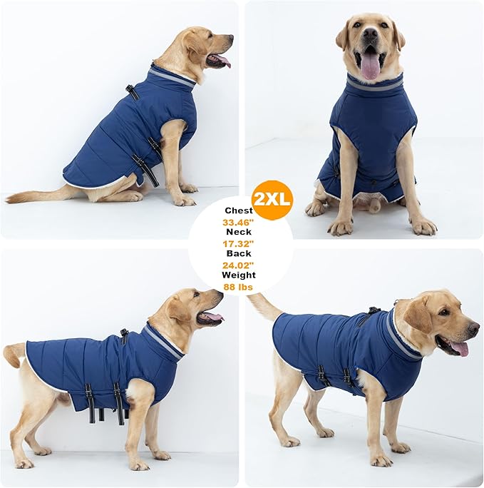 Large Dog Coat with Harness Built-in, Waterproof Reflective Fleece Lined - Warm Windproof Winter Jacket with Back Zipper, Cold Weather Snow Dog Coats - Blue - 2XL
