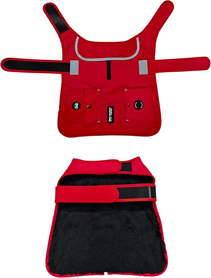 Joyride Harness FrostFlex Dog Winter Jacket - Fleece Lined & Water-Resistant - Snowsuit with Pockets for Treats & Poop Bags - Durable Cold Weather Dog Coat - Red Rush-L