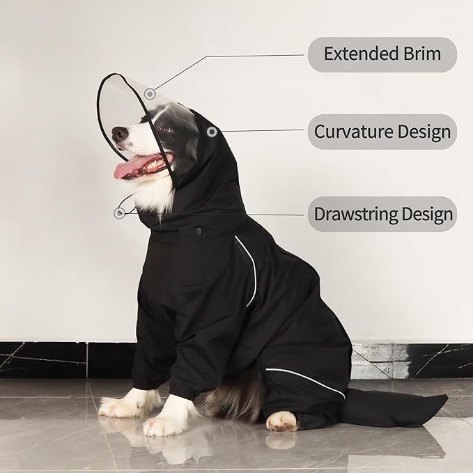 Dog Raincoat for Medium Large Dogs,rain Jacket Coat, Full Leg Coverage Waterproof Rain Suit with Detachable Hood & Tail, Reflective Strips, Snag-Free Top Zipper (Black for Boy, XXX-Large)