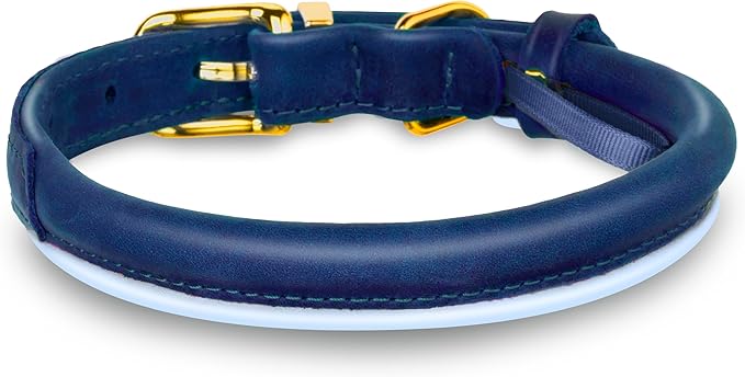 OOPSDOGGY Reflective Rolled Leather Dog Collar Adjustable Soft Padded Pet Collar for Small Medium Large Breed Dogs (Blue, L, 14"-18")