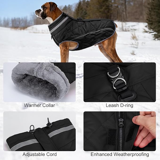 Dog Coat, Warm Dog Winter Coat for Large Dogs, Waterproof Jacket with Harness Built in, Reflective Turtleneck Cold Weather Coats with Zipper,Pet Fleece Vest Snow Jacket, Black XL